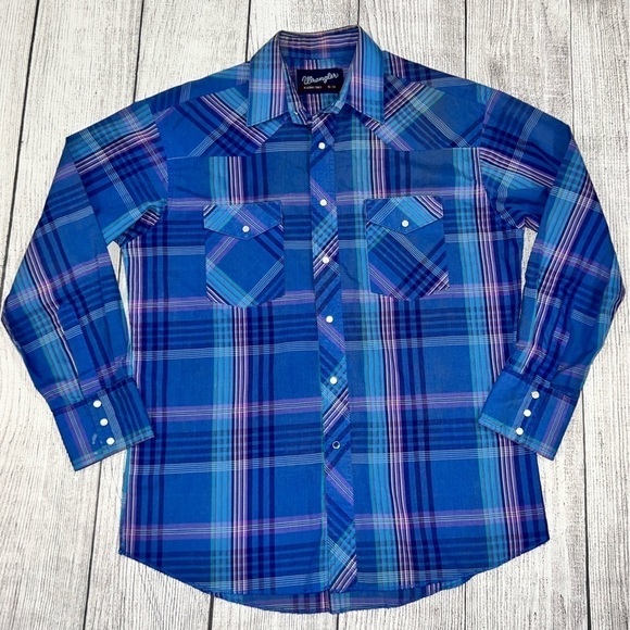 Vintage Wrangler Pearl Snap Western Blue Plaid Button Down Shirt - Picture 1 of 13